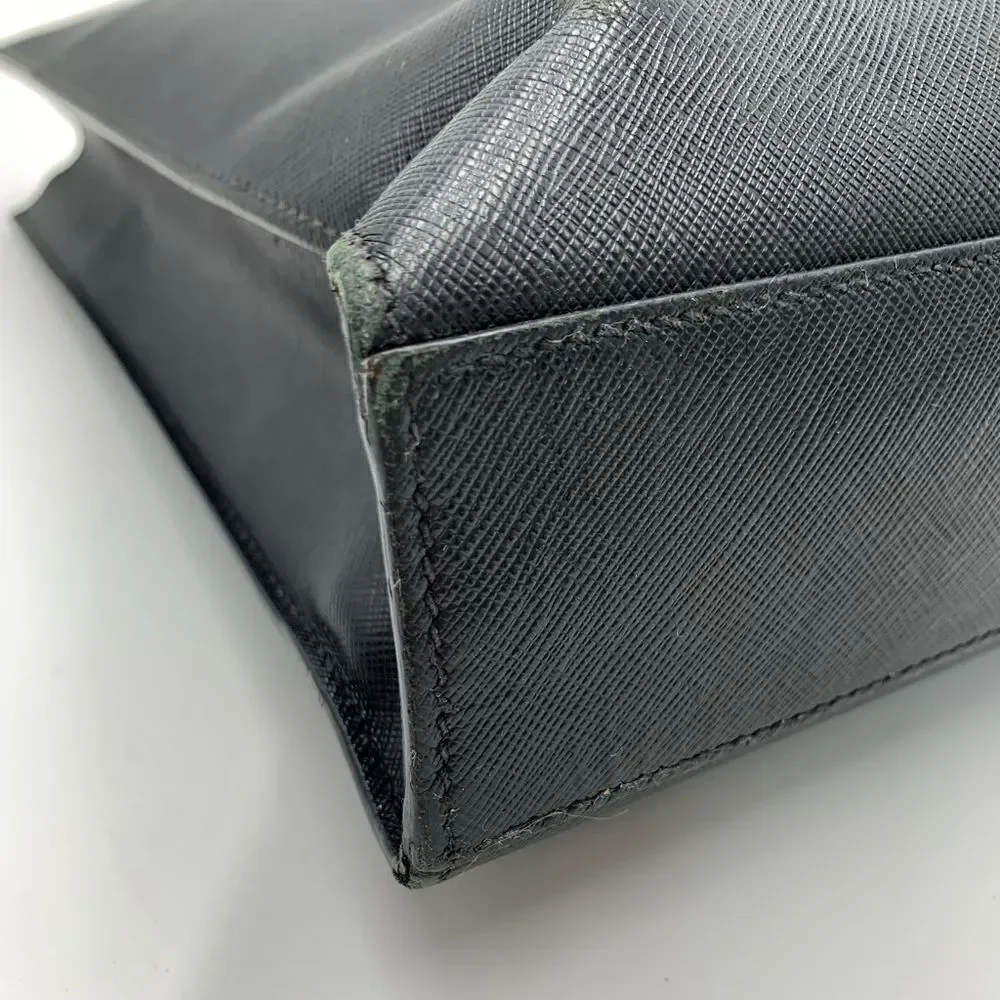Auth Prada Black Saffiano Leather Web Blue Gray Stripe Travel Tote Preloved